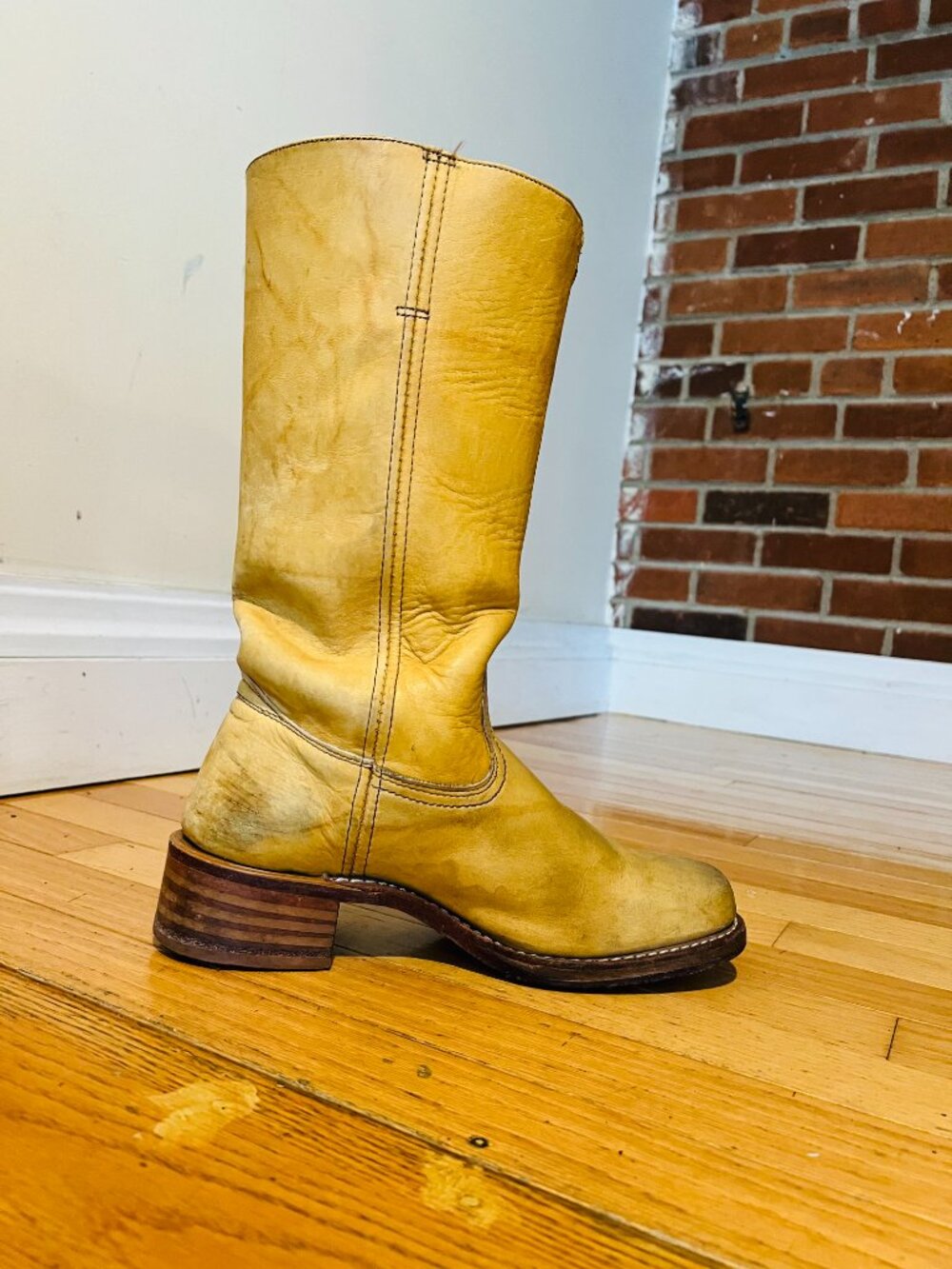 VTG Frye Campus Banana Boots Women 9.5 M Yellow Square Toe Western MADE IN USA - Picture 12 of 16